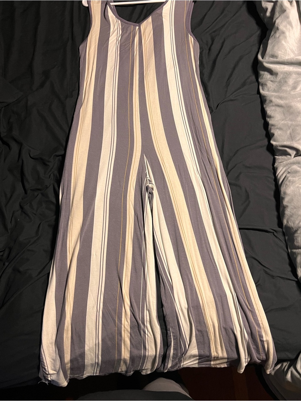 LuLaRoe Sleeveless Striped Wide-Leg Jumpsuit in Taupe and Cream